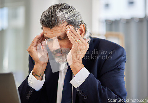 Image of Headache, mental health and senior corporate man depressed, anxiety and stress over mistake, bankruptcy or PC fail. Executive crisis, migraine pain and senior person burnout, tired or overwhelmed