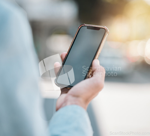 Image of Hands, closeup and a person with a phone in the city for social media, gps location and notification. Screen, website and an employee with a mobile for a direction app, morning news or email