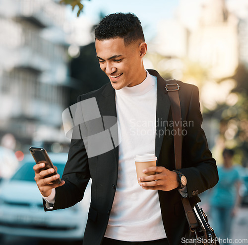 Image of Business man, phone and text in a city with social network and smile in the morning with commute. Happy, mobile networking and online app search with coffee and travel on urban street with typing