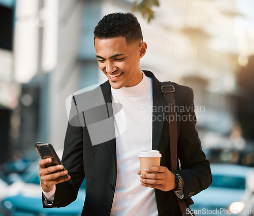 Image of Business man, phone and texting in a city with social network and smile in the morning with commute. Happy, mobile networking and online app search with coffee and travel on urban street with typing