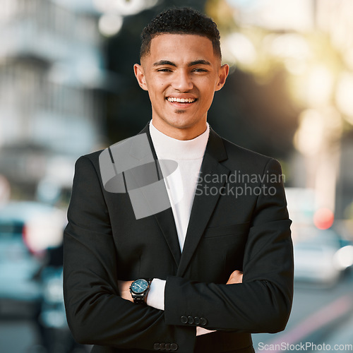 Image of Crossed arms, happy and portrait of business man for positive mindset, startup goals and commute. Travel, professional job and face of male entrepreneur in urban town for career, working and success