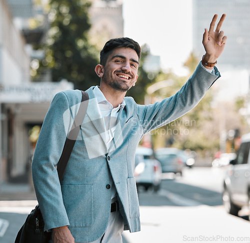 Image of Business man, wave and taxi in traffic, street or city for transportation, travel and smile in finance career. Young accountant, happy and outdoor on sidewalk to stop bus, tram or car in metro road