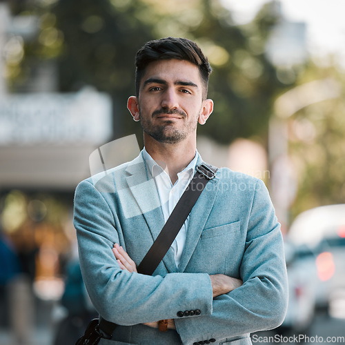 Image of Crossed arms, city and portrait of business man for career mindset, startup goals and commute. Travel, professional and face of serious male entrepreneur in urban town for job, working and success