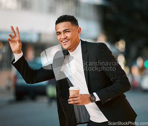 Image of Business man, wave and taxi in street, traffic and city for transport, travel and coffee in legal career. Corporate lawyer, happy and outdoor on sidewalk to stop bus, chauffeur and car in metro road