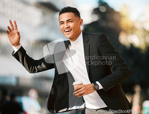 Image of Business man, wave and taxi in city, traffic and street for transport, travel and coffee in legal career. Corporate lawyer, happy and outdoor on sidewalk to stop bus, chauffeur and car in metro road