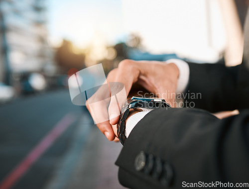 Image of Hands, watch and time with business man in street, road with calendar date, schedule and notification. Entrepreneur, iot clock and check for reminder, closeup and outdoor in city, cbd or metro street