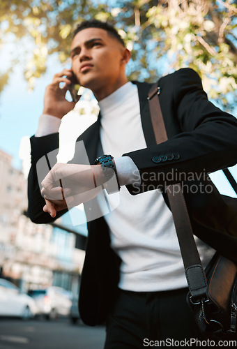 Image of Business man, phone call and city with a watch, travel and contact with connection, check time and schedule. Entrepreneur, appointment or employee with a smartphone, talking and commute with deadline