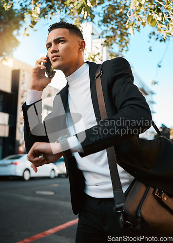 Image of Business man, phone call and city with a watch, talking or contact with connection, check time or deadline. Entrepreneur, appointment or professional with smartphone, commute or late for an interview