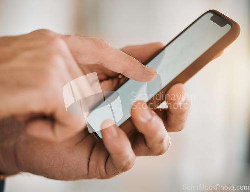 Image of Hands, phone screen and closeup to click for social media, typing and scroll. Smartphone, technology and finger of person with mobile for communication, email or app for internet, website and search