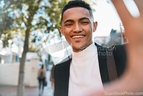 Image of Selfie, city and portrait of business man in street for social media, profile picture and post. Travel, professional and face of happy male worker with smile excited for career, job and success