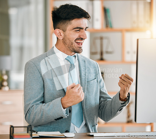 Image of Business, success and man with celebration, fist and financial growth with stock market deal, profit and victory. Computer, broker and investor with happiness, investment and winning with opportunity