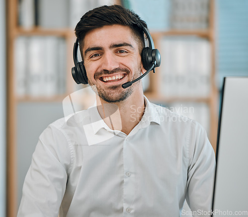 Image of Consultant, man and portrait of agent in call center for customer service, web contact or CRM communication. Face of happy salesman with microphone in telemarketing, telecom advisory or FAQ questions
