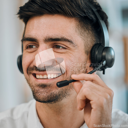 Image of Telemarketing, face and communication of man, agent or call center for customer service, lead generation or CRM. Happy salesman, consultant or microphone of telecom contact, advisory or FAQ questions