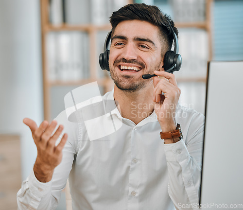 Image of Telemarketing, communication and man in call center for customer service, lead generation or CRM agent. Happy salesman, consultant and contact on microphone of telecom, advisory help or FAQ questions