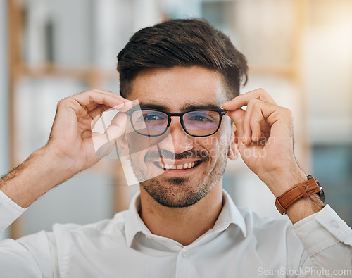 Image of Portrait, business and man with glasses, smile and clear vision with confidence, career goals and happiness. Face, male person and professional with eyewear, spectacles and looking with sight and see