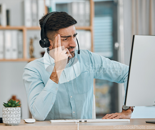Image of Stress, call center problem or man at computer, telemarketing agency and fail of anxiety, frustrated error or 404 glitch. Confused salesman at pc with challenge, client account mistake and CRM crisis