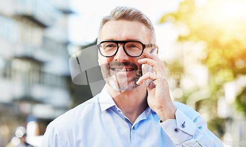 Image of Phone call, city and mature businessman talking on mobile conversation and networking with connection online. Internet, smartphone and man employee smile and speaking as outdoor communication