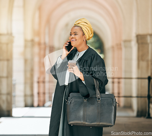 Image of Black woman with coffee, phone call and attorney outside court with smile, consulting on legal advice and walking to work. Cellphone, law firm judge or lawyer networking, talking and chat in city.