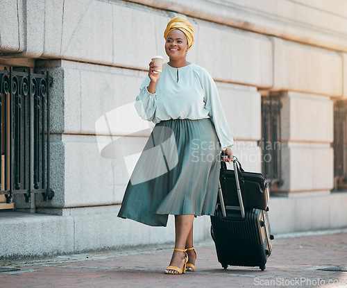 Image of City, business and black woman with a suitcase, travel and happiness with coffee, international career and opportunity. Female person, ceo and entrepreneur with tea, luggage and walking with success