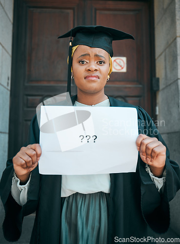 Image of Graduation, confused and poster with portrait of black woman for doubt, question mark and decision. College, study and education with female student and paper sign for university, emoji and academy