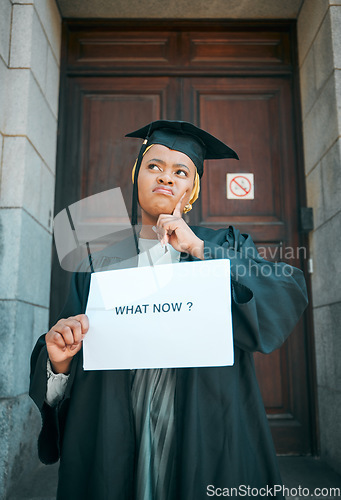 Image of Black woman, what now sign and college student thinking of education choice, decision or graduate unemployment. Poster, brainstorming and learning African person doubt over university career prospect