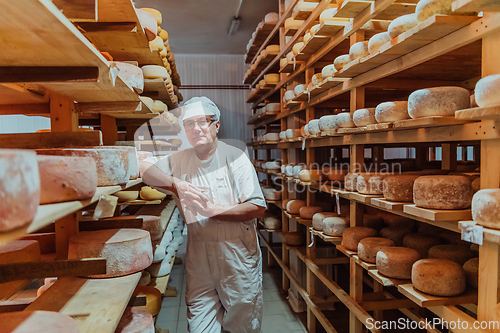 Image of A worker at a cheese factory sorting freshly processed cheese on drying shelves