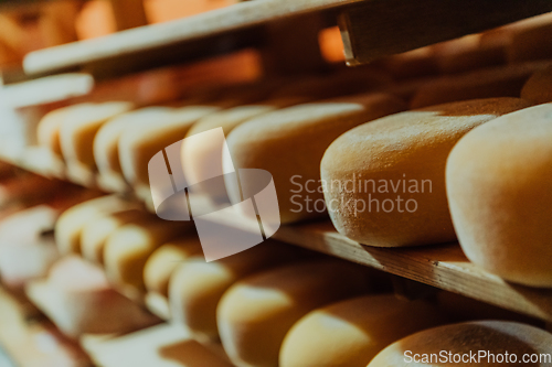 Image of A large storehouse of manufactured cheese standing on the shelves ready to be transported to markets