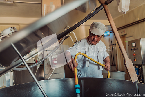 Image of A cheese makser working in the industry on various machines with the help of which cheese is processed. Small business concept