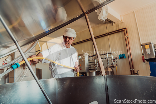 Image of A cheese makser working in the industry on various machines with the help of which cheese is processed. Small business concept