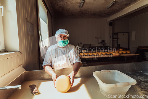 Image of A woman in the cheese industry. Woman preparing cheese for further processing process in the modern cheese industry