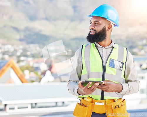 Image of Happy black man, architect and thinking with tablet in city for construction, vision or rooftop installation. African male person, engineer or contractor with technology for building or architecture
