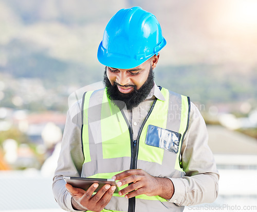 Image of Black man, architect and tablet in city for construction planning, maintenance or building on rooftop. African male person, engineer or contractor working on technology for architecture plan on site