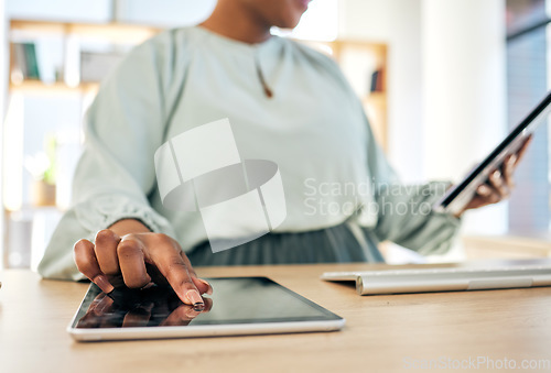 Image of Hand, digital tablet and business woman in office for creative, research and planning closeup. Screen, finger and female designer online for idea, social media or email marketing, project or plan