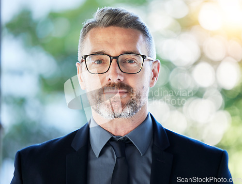 Image of Face, mature ceo and man outdoor for business, entrepreneurship and corporate professional on bokeh background mockup space. Portrait, serious and manager, accountant or executive with glasses