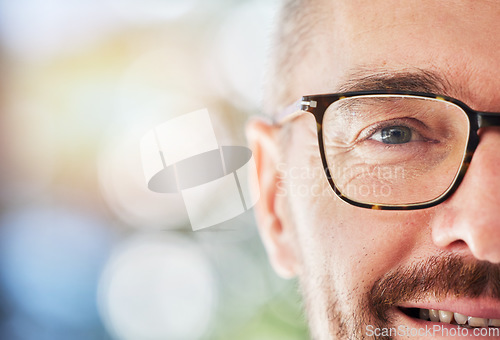 Image of Half face, portrait and man with glasses for vision, eye care or optical wellness with mockup space. Prescription spectacles, smile and mature male model from Canada with a mock up bokeh background.