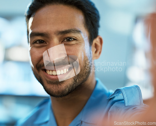 Image of Selfie, security and man with smile in profile in control room at agency with closeup or asian. Safety, professional and happy at data centre for crime as manager with positive mindset at workplace.