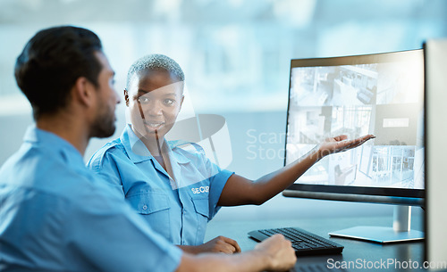 Image of People, security and computer screen for surveillance, protection and safety of police officer in teamwork. Man and woman guard working together on PC for emergency footage or crime at the office