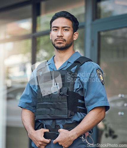 Image of Security, police and portrait of man in city for justice, inspection and supervision on patrol. Surveillance, law enforcement uniform and male person in town for safety, crime and protection service