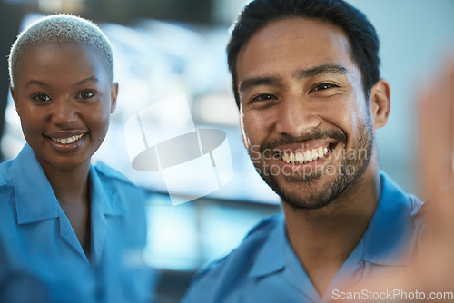 Image of Happy people, portrait and security guard for selfie, memory or photography in surveillance at office. Man and woman officer smile for photograph, social media or vlog together in protection agency