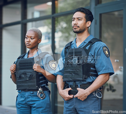 Image of Security, police team and people in city for working, inspection and supervision on patrol shift. Surveillance, law enforcement and man and woman in town for safety, crime and protection service