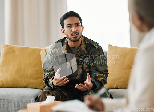 Image of Veteran, talking and therapist for military support in therapy, consultation and listen to mental health, trauma or war conflict. Sad, memory or conversation with psychologist for healing or help