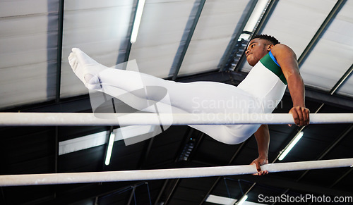 Image of Strength, fitness and gymnast or male athlete with practicing for competition with african at gym. Gymnastics, sports and man with balance on beam for training with healthy body at arena or club.