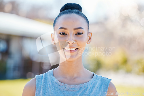 Image of Fitness, portrait and happy woman at a park for running, workout or morning cardio routine. Face, smile and female runner outdoor for health, exercise and sports run, wellness and athletic training