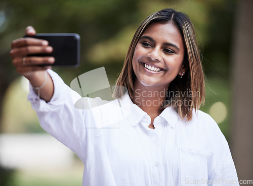 Image of Selfie, smile and student with woman in park for social media, relax and happy. College campus, influencer and happiness with female person in nature for profile picture, blog and gen z post