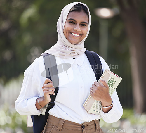 Image of Student, happy and book with portrait of muslim woman on campus for college, studying and education. University, learning and future with female person in outdoor for academy, back to school or class