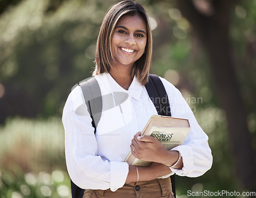 Image of Student, smile and study with portrait of woman on campus for college, books and education. University, learning and future with person with backpack in outdoor for academy, school and class space