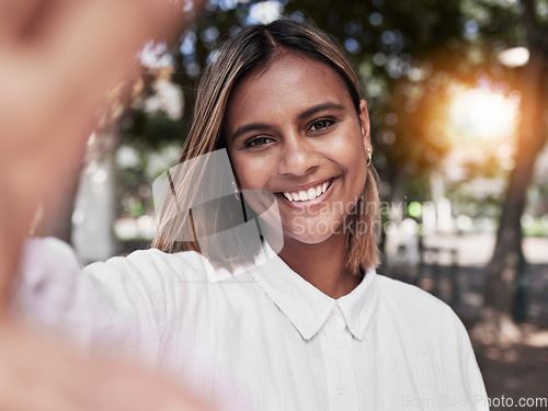 Image of Girl, smile and selfie in outdoor in nature for travel or to relax with peace or style for social media. Happy, face and portrait with woman at park or influencer with freedom, positive or confident.