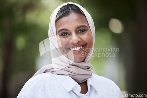 Image of Nature, happy and portrait of Muslim woman in park for holiday, freedom and relaxing outdoors. Happiness, smile and face of Islamic female person with joy, confidence and positive mindset with hijab