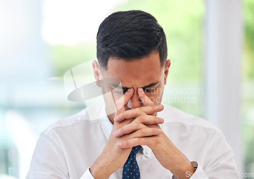 Image of Tired, headache and face of business man in office with anxiety, mental health problem and bankruptcy. Frustrated, burnout and stress of male employee working with fatigue, debt risk and challenge