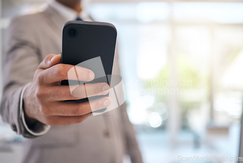 Image of Hands, business man and typing with phone for social network information, mobile internet and search website. Closeup, office worker and smartphone to contact, digital news app and technology space